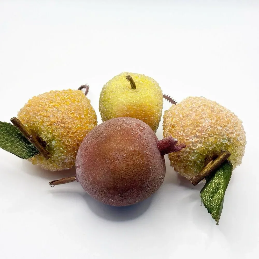 Vtg Sugar Beaded Sparkling Frosted Faux Fruit & Picks Pics Apples Pomegranate